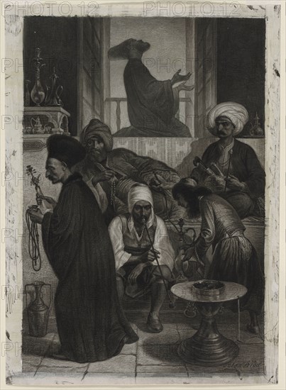 Café in Constantinople, 1847. Alexandre Bida (French, 1823-1895). Brush and black and gray ink, graphite, and stylus on white wove paper coated with a white ground; sheet: 40.7 x 29.2 cm (16 x 11 1/2 in.); image: 38.2 x 25.9 cm (15 1/16 x 10 3/16 in.).