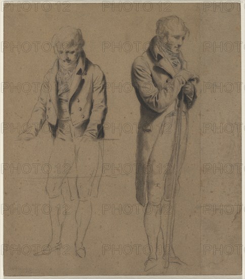 Two Standing Figures (Study for A Game of Billiards), c. 1807. Louis Léopold Boilly (French, 1761-1845). Black chalk with gray and brown-black chalk, with stumping, framing lines in brown-black chalk; sheet: 31.2 x 26.6 cm (12 5/16 x 10 1/2 in.); overall: 31.2 x 27.3 cm (12 5/16 x 10 3/4 in.).