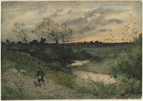 Dawn--Hunter with Dog, 1882. Henri Joseph Harpignies (French, 1819-1916). Watercolor; sheet: 37.6 x 53.5 cm (14 13/16 x 21 1/16 in.).