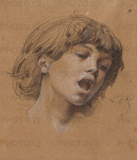 Head of a Boy Singing (Study for Music), c. 1898. Luc-Olivier Merson (French, 1846-1920). Black, white, and red chalk with stumping, pricked for transfer; sheet: 39.6 x 27.2 cm (15 9/16 x 10 11/16 in.).