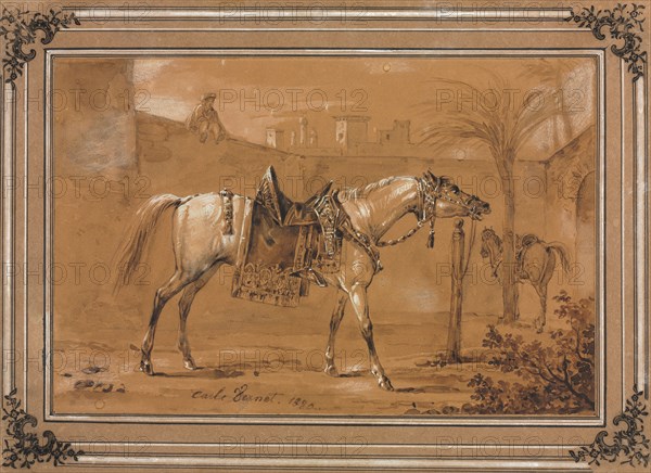 Saddled Arabian Horse in Courtyard, 1820. Carle Vernet (French, 1758-1836). Pen and brown ink, brown wash, with gray wash, over black chalk or crayon, heightened with white gouache and white chalk; sheet: 15.8 x 24.2 cm (6 1/4 x 9 1/2 in.); with mount: 22.3 x 30.7 cm (8 3/4 x 12 1/16 in.).