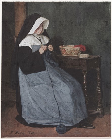 A Nun Seated at a Table Knitting, 1862. François Bonvin (French, 1817-1887). Gouache and watercolor; sheet: 21.3 x 17.2 cm (8 3/8 x 6 3/4 in.).