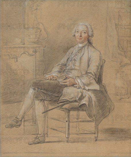 Seated Man Holding a Snuff Box, c. 1750-1760. Attributed to Louis Aubert (French). Black and red chalk, heightened with white; sheet: 37.5 x 31.4 cm (14 3/4 x 12 3/8 in.).