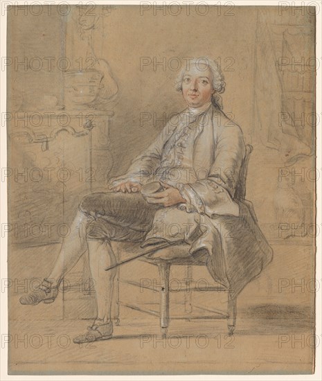 Seated Man Holding a Snuff Box, c. 1750-1760. Attributed to Louis Aubert (French). Black and red chalk, heightened with white; sheet: 37.5 x 31.4 cm (14 3/4 x 12 3/8 in.).