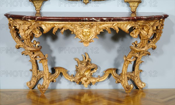 Console Table, c. 1725. Jules-Michel Hardouin (1635-1737), Michel II Lange, Pierre Turpin. Carved gilt wood, marble top (griotte de campan); overall: 92 x 202 x 69.5 cm (36 1/4 x 79 1/2 x 27 3/8 in.).