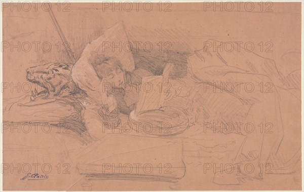 Sarah Bernhardt Reclining on a Divan, Reading, c. 1885-1890. Georges-Jules-Victor Clairin (French, 1843-1919). Graphite with lead white heightening; sheet: 24.3 x 38.8 cm (9 9/16 x 15 1/4 in.).