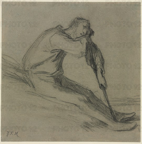 Seated Peasant Resting on a Hoe. Jean-François Millet (French, 1814-1875). Fabricated black chalk; sheet: 18.8 x 18.7 cm (7 3/8 x 7 3/8 in.).