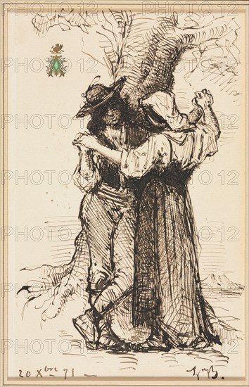 Couple Courting by a Tree, 1871. Léon Bonnat (French, 1833-1922). Pen and brown ink; sheet: 28.5 x 20.4 cm (11 1/4 x 8 1/16 in.).