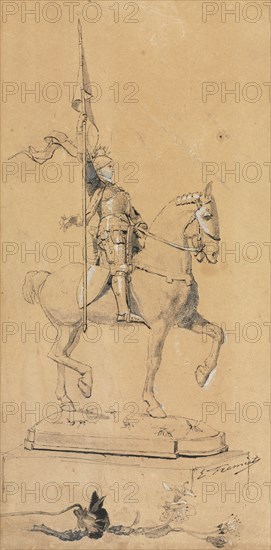 Joan of Arc on Horseback, c. 1889-1899. Emmanuel Fremiet (French, 1824-1910). Pen and black ink, ink wash and white heightening; sheet: 35 x 20.2 cm (13 3/4 x 7 15/16 in.).