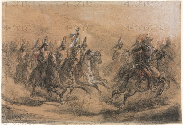 Cavalry Charge, c. 1840. Auguste Raffet (French, 1804-1860). Black, red, yellow, blue and white chalk; sheet: 28.2 x 41.7 cm (11 1/8 x 16 7/16 in.).