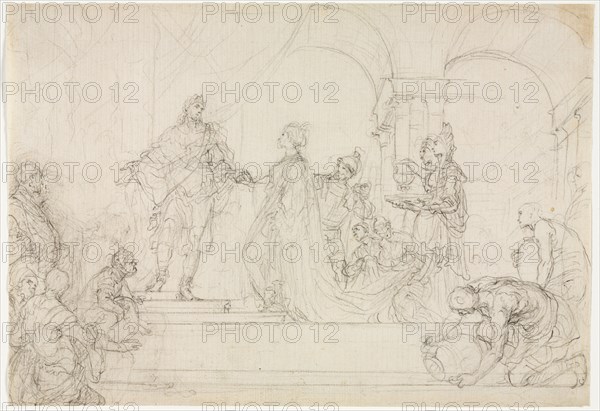 Meeting of Solomon and Queen of Sheba. Francesco Solimena (Italian, 1657-1747). Black chalk; sheet: 18.9 x 27.4 cm (7 7/16 x 10 13/16 in.).