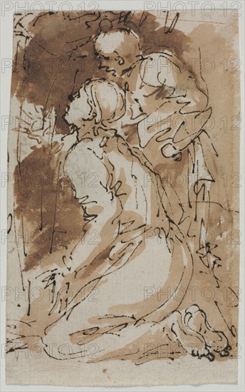Figure Studies (recto), c. 1640-1649. Salvator Rosa (Italian, 1615-1673). Pen and brown ink and wash; sheet: 10.3 x 6.4 cm (4 1/16 x 2 1/2 in.).