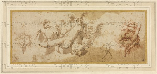 Sheet of Satirical Studies (Amorini Riding Phalli), c. 1650s. Salvator Rosa (Italian, 1615-1673). Pen and brown ink, wash, and red chalk