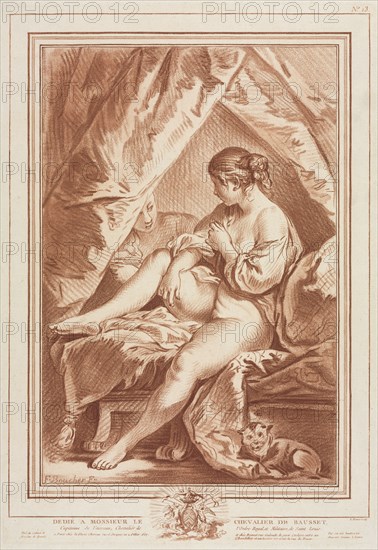 Young Woman Seated on a Bed, before 1764. Louis-Marin Bonnet (French, 1736-1793), after François Boucher (French, 1703-1770). Chalk manner etching and engraving printed in red; sheet: 46.9 x 33.1 cm (18 7/16 x 13 1/16 in.); platemark: 44.2 x 30.6 cm (17 3/8 x 12 1/16 in.)