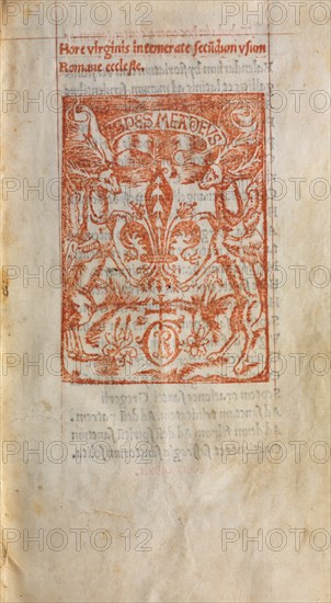 Printed Book of Hours (Use of Rome): fol. 1r, Printers Mark, 1510. Guillaume Le Rouge (French, Paris, active 1493-1517). 112 Printed folios on parchment, bound
