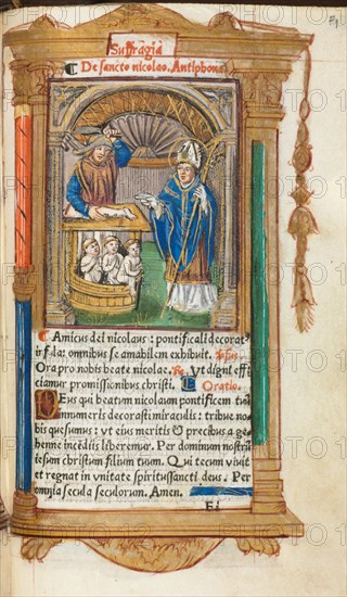 Printed Book of Hours (Use of Rome):  fol. 105r, St. Nicholas, 1510. Guillaume Le Rouge (French, Paris, active 1493-1517). 112 Printed folios on parchment, bound