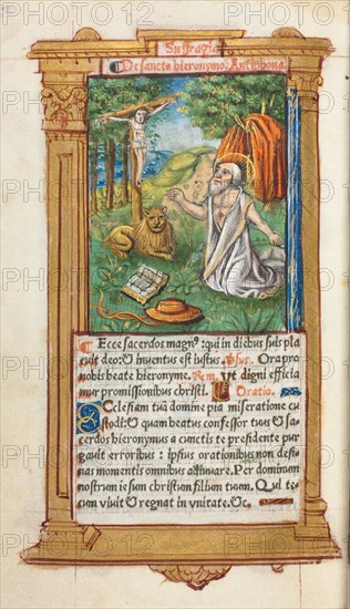 Printed Book of Hours (Use of Rome):  fol. 107v, St. Jerome and the Lion, 1510. Guillaume Le Rouge (French, Paris, active 1493-1517). 112 Printed folios on parchment, bound