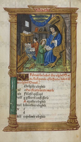 Printed Book of Hours (Use of Rome): fol. 3v, February calendar illustration, 1510. Guillaume Le Rouge (French, Paris, active 1493-1517). 112 Printed folios on parchment, bound