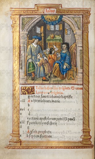 Printed Book of Hours (Use of Rome): fol. 8v, July calendar illustration, 1510. Guillaume Le Rouge (French, Paris, active 1493-1517). 112 Printed folios on parchment, bound