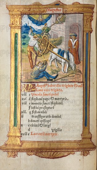 Printed Book of Hours (Use of Rome): fol. 9v, August calendar illustration, 1510. Guillaume Le Rouge (French, Paris, active 1493-1517). 112 Printed folios on parchment, bound