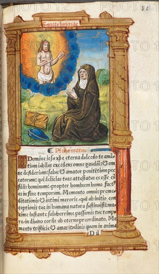 Printed Book of Hours (Use of Rome):  fol. 90r, St. Bridget in Prayer before an Apparition of Christ, 1510. Guillaume Le Rouge (French, Paris, active 1493-1517). 112 Printed folios on parchment, bound