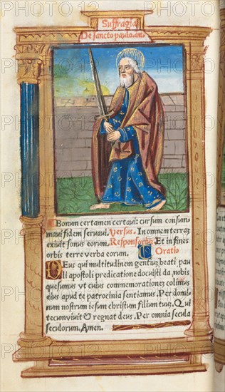 Printed Book of Hours (Use of Rome):  fol. 99v, St. Paul, 1510. Guillaume Le Rouge (French, Paris, active 1493-1517). 112 Printed folios on parchment, bound