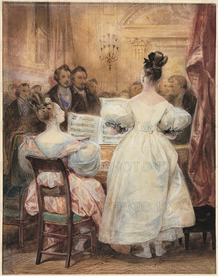 A Concert:  Laura Devéria Singing, 1831. Eugène François Marie Joseph Devéria (French, 1805-1865). Watercolor with black and brown ink, some pastel and lead white on off-white heavy-weight wove paper mounted to heavy white cream wove paper; sheet: 23.2 x 18.5 cm (9 1/8 x 7 5/16 in.).
