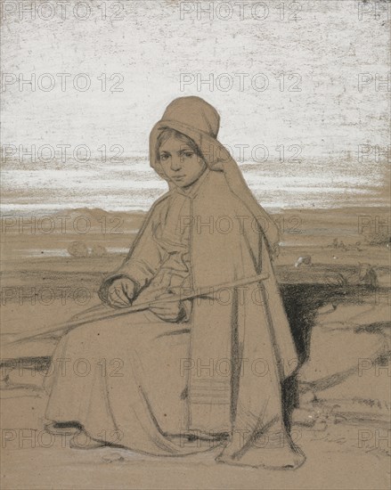 A Seated Shepherdess, 1800s. Jules Dupré (French, 1811-1889). Black chalk with white heightening and white pastel on brown paper laid down on board; sheet: 61.1 x 47.6 cm (24 1/16 x 18 3/4 in.).