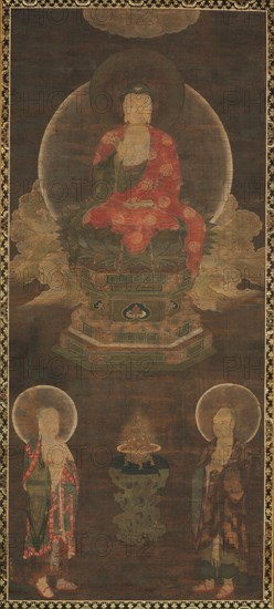 Shakyamuni Triad: Buddha Attended by Manjushri and Samantabhadra (Buddha), late 1300s. China, Fuzhou, Fujian Province, Yuan dynasty (1271-1368). Hanging scroll, ink and color on silk; painting: 107 x 46.6 cm (42 1/8 x 18 3/8 in.); overall: 192.4 x 62.5 cm (75 3/4 x 24 5/8 in.).