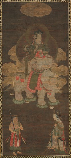Shakyamuni Triad: Buddha Attended by Manjushri and Samantabhadra (Bodhisattva with Elephant), late 1300s. China, Fuzhou, Fujian Province, Yuan dynasty (1271-1368). Hanging scroll, ink and color on silk; overall: 106.9 x 46.4 cm (42 1/16 x 18 1/4 in.).