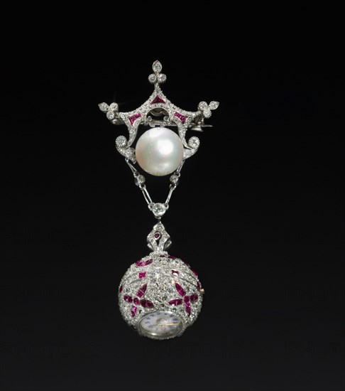 Pendant Watch, c. 1890-1910. Attributed to Maison Cartier. Diamonds, rubies, pearl, gold, platinum; overall: 6 x 2.5 x 2 cm (2 3/8 x 1 x 13/16 in.).