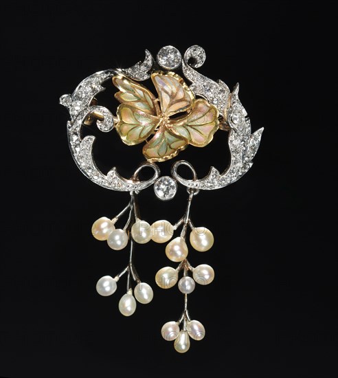 Brooch, c. 1890-1910. America, New Jersey, Newark, late 19th-early 20th century. Pearls, diamonds, enamel, gold, platinum; overall: 5.3 x 3.7 x 1.8 cm (2 1/16 x 1 7/16 x 11/16 in.).