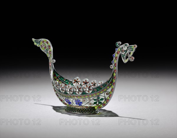 Salt Cellar, c.1890-1900. Marius Hammer (Norwegian, 1847-1927). Gilt silver, enamel; overall: 6 x 10.3 x 3.5 cm (2 3/8 x 4 1/16 x 1 3/8 in.).