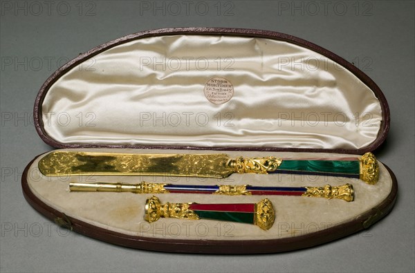 Desk Set , c. 1830. John Hamilton Mortimer (British, 1740-1779), and Paul Storr (British, 1771-1844). Hardstones including lapis lazuli, malachite, carnelian, agate, gold; original fitted velvet-lined case; overall: 6.4 x 1.3 x 2 cm (2 1/2 x 1/2 x 13/16 in.).