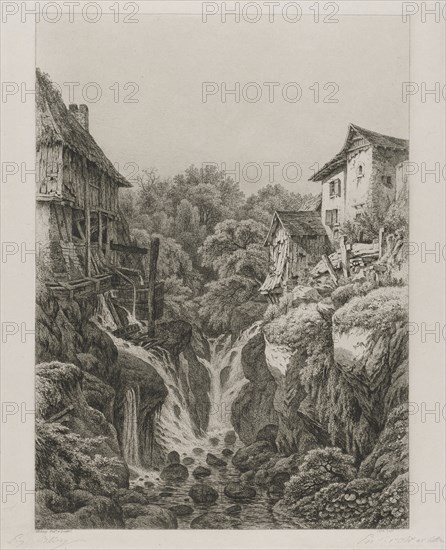 The Mill and Waterfall of Grésy near Aix-les-Bains, 1856. Eugene Bléry (French, 1805-1886). Etching on chine collé