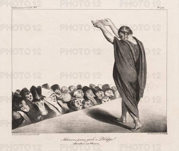 Published in La Caricature, no. 218, January 8, 1935: La Caricature, Pl. 454, Athenians Beware of Phillip! (Demosthenes to the Athenians,( La Caricature, Pl. 454, Atheniens prenex garda a Phillippe! [Demosthenes aux Atheniens]). Honoré Daumier (French, 1808-1879), Aubert. Lithograph; sheet: 26.2 x 33.6 cm (10 5/16 x 13 1/4 in.); image: 20.3 x 25.5 cm (8 x 10 1/16 in.)