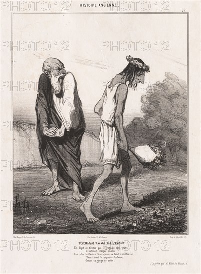 Ancient History : Pl. 27, Telemachus Ravaged by Love (Histoire Ancienne: Pl. 27, Télémaque ravagé par l'amour), 1842. Honoré Daumier (French, 1808-1879). Lithograph; sheet: 34.1 x 24.7 cm (13 7/16 x 9 3/4 in.); image: 25.1 x 19.8 cm (9 7/8 x 7 13/16 in.)
