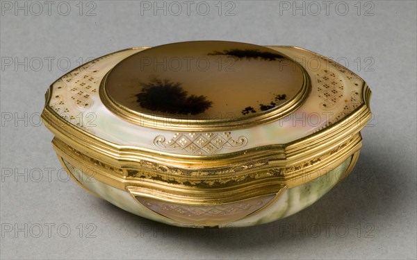 Box, c. 1730s. Germany, mid 18th century. Goldmounted agate and mother-of-pearl and shell, original sharkskin case; overall: 7 x 4.8 x 3.5 cm (2 3/4 x 1 7/8 x 1 3/8 in.).