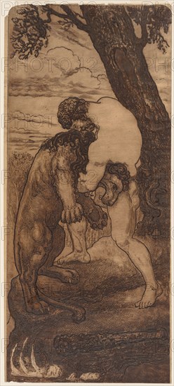 Hercules and the Nemean Lion, c. 1898. Henri-Arthur Lefort des Ylouses (French, 1846-1912). Gypsograph; sheet: 59.8 x 26.2 cm (23 9/16 x 10 5/16 in.); image: 59.6 x 25.7 cm (23 7/16 x 10 1/8 in.)