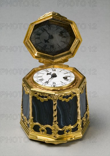 Snuff Box with Watch Movement (Bonbonnière), c. 1750. England, mid-18th century. Gold-mounted agate, enamel dial, glass; overall: 5.1 x 5.1 cm (2 x 2 in.).