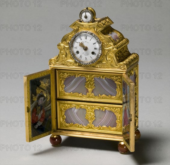 Miniature Cabinet with Watch, c.  1770-75. Attributed to James Cox (British). Gold, agate, enamel dial, glass; overall: 16.5 x 8.9 cm (6 1/2 x 3 1/2 in.).
