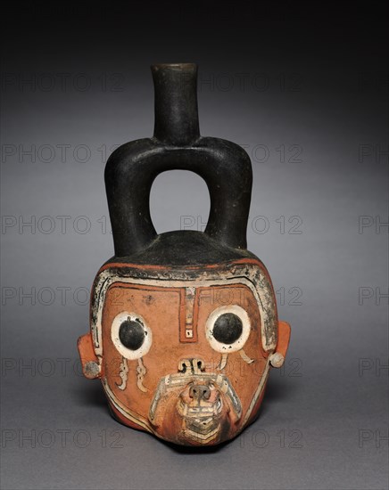 Deity-Head Vessel, 900-400 B.C.. Peru, North Coast, Tembladera people, Early Horizion (900-400 B.C.). Ceramic with pigment applied after firing; overall: 27.6 x 14.9 x 19.2 cm (10 7/8 x 5 7/8 x 7 9/16 in.).