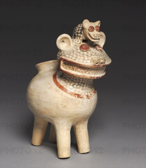 Feline Vessel, 1-700. Central Andes, North Highlands, Recuay, Early Intermediate Period (1-700). Ceramic, red and white slips, black pigment; overall: 20.3 x 10.1 x 15.2 cm (8 x 4 x 6 in.).