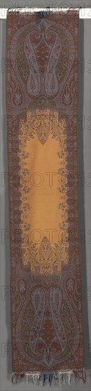 Long Stole with Botehs and Orange Center, 1850-1855. Austria, England, France, or Scotland, 19th century. Supplementary weft pattern, wool; overall: 308.6 x 57.1 cm (121 1/2 x 22 1/2 in.)