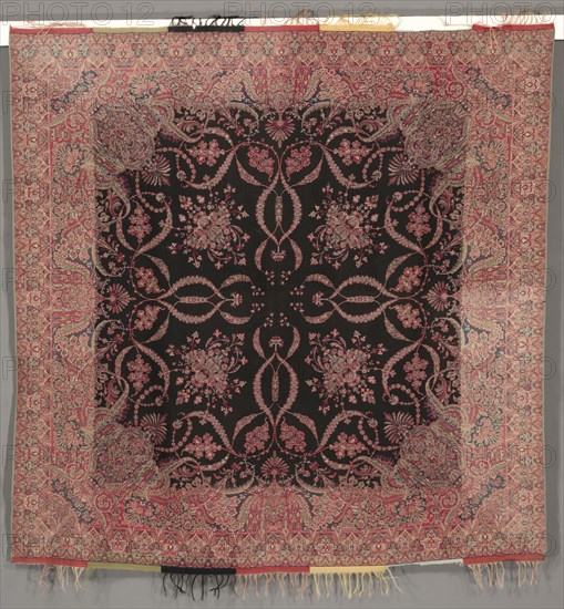 Square Shawl in Renaissance Style with Black Center and Quarter Shawl Layout, 1840s. France, Nimes; Scotland, Paisley or England, Norwich, 19th century. Supplementary weft pattern; silk and cotton?; overall: 193 x 177.4 cm (76 x 69 13/16 in.).