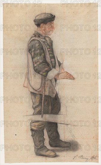 The Stretcher Bearer (Study for "Le Couvreur tombé"), 1876. François Bonvin (French, 1817-1887). Black and red chalk with colored chalks, stump work and graphite accents, squared for transfer in red chalk; sheet: 33.9 x 20.2 cm (13 3/8 x 7 15/16 in.).