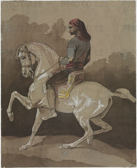 Arab on Horseback, 1800s. Horace Vernet (French, 1789-1863). Pen and brown ink and watercolor heightened with white gouache; sheet: 39.1 x 31.9 cm (15 3/8 x 12 9/16 in.).