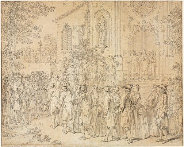 A Procession Entering a Church, 1700s. Hubert François Bourguignon Gravelot (French, 1699-1773). Pen and black ink, gray wash with graphite (very sparse); sheet: 29.4 x 36.6 cm (11 9/16 x 14 7/16 in.).