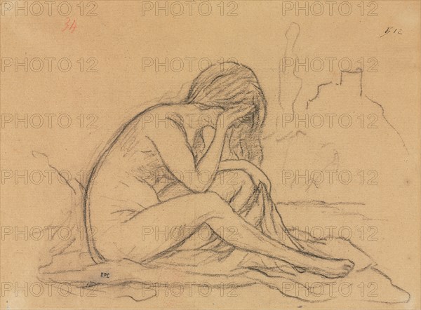 Study of a Female Nude (possibly for an unrealized allegorical painting) (Recto), 1800s. Pierre Puvis de Chavannes (French, 1824-1898). Black chalk stumped with heightening of white chalk on brown paper; overall: 23.5 x 30.8 cm (9 1/4 x 12 1/8 in.).