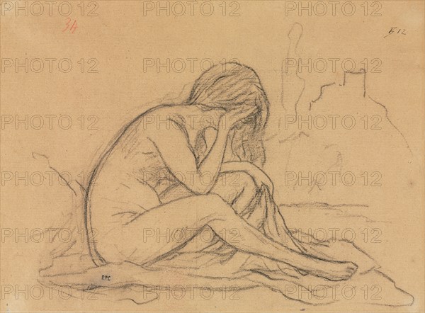Study of a Female Nude (possibly for an unrealized allegorical painting) (Recto); Studies of Drapery and Study of a Landscape (verso), 1800s. Pierre Puvis de Chavannes (French, 1824-1898). Black chalk stumped with heightening of white chalk on brown paper; overall: 23.5 x 30.8 cm (9 1/4 x 12 1/8 in.).